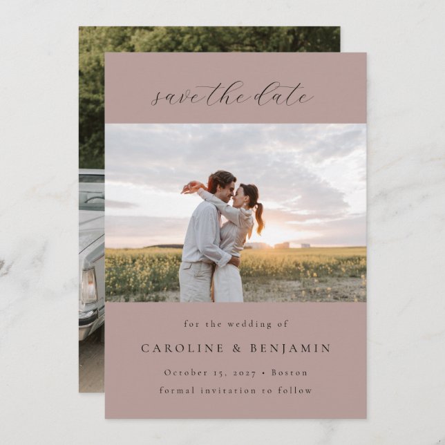 Elegant Minimalist Mauve Script Wedding Two Photo Save The Date (Front/Back)