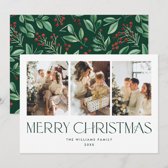 Elegant Minimalist Merry Christmas 3 Photo Holiday Card (Front/Back)