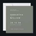 Elegant minimalist mix & match modern wedding save the date<br><div class="desc">Announce your special day with elegance and simplicity with this minimalist Save The Date card featuring crisp white sans serif fonts over a chic olive grey backdrop. Mix and match with coordinating pieces for a cohesive invitation suite. Create timeless memories with this versatile design. Order now for a sophisticated touch...</div>