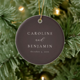 Elegant Minimalist Mocha Brown Calligraphy Wedding Ceramic Ornament
