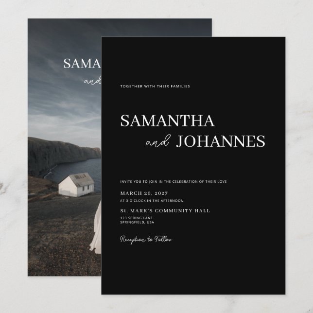 Elegant Minimalist Modern Black Photo Wedding Invitation (Front/Back)