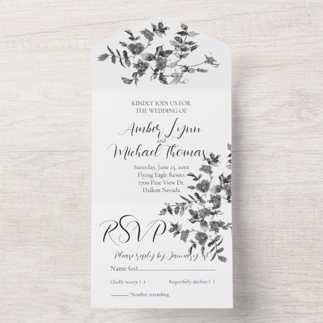 Elegant minimalist modern black white wildflowers all in one invitation (Inside)