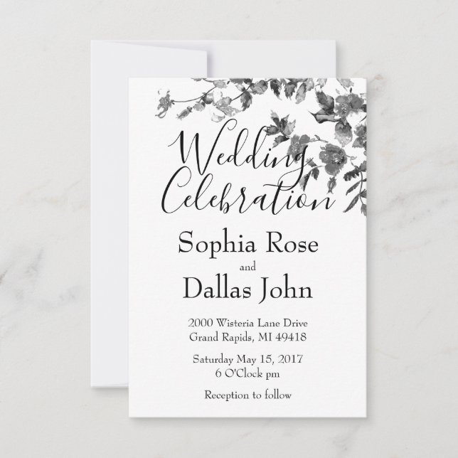 Elegant minimalist modern black white wildflowers invitation (Front)
