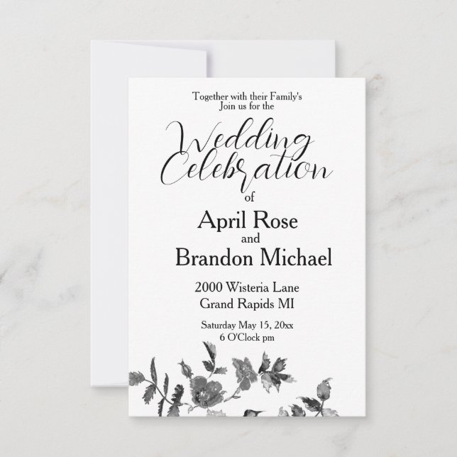 Elegant minimalist modern black white wildflowers invitation (Front)