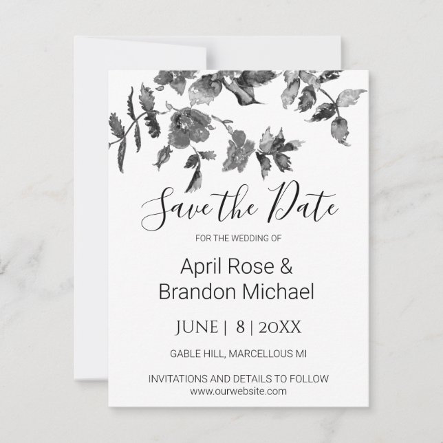 Elegant minimalist modern black white wildflowers save the date (Front)
