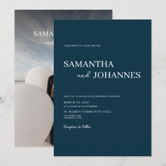 Elegant Minimalist Modern Blue Photo Wedding Invitation