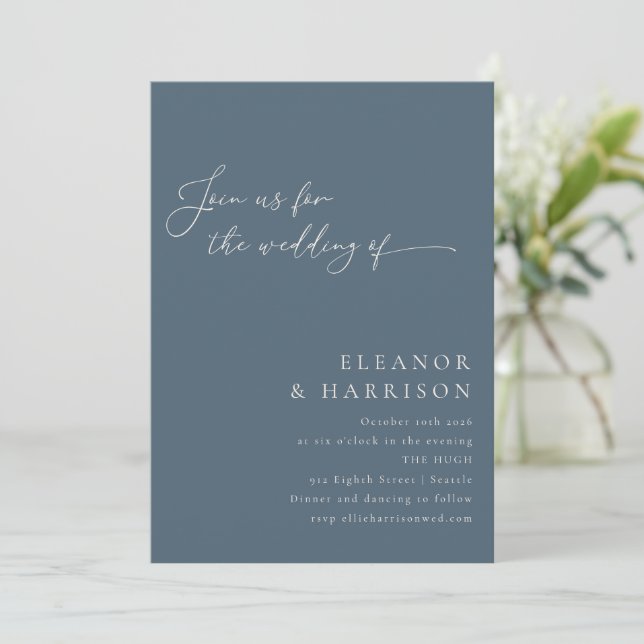 Elegant Minimalist Modern Dark Blue Script Wedding Invitation (Standing Front)