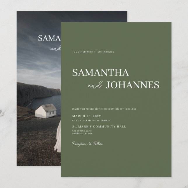 Elegant Minimalist Modern Green Photo Wedding  Invitation (Front/Back)