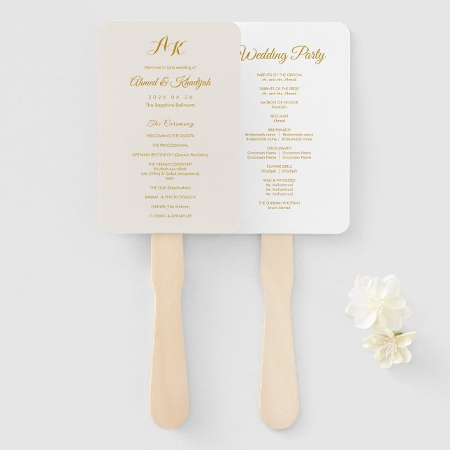Elegant Minimalist Modern Islamic Wedding Program Hand Fan (Front and Back)