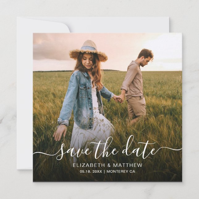 Elegant Minimalist Modern Script One Photo Wedding Save The Date (Front)
