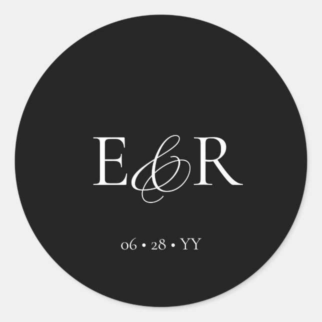 Elegant Minimalist Monogram Black Wedding Classic Round Sticker (Front)