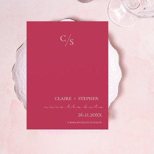 Elegant Minimalist Monogram Script Magenta Wedding Announcement Postcard