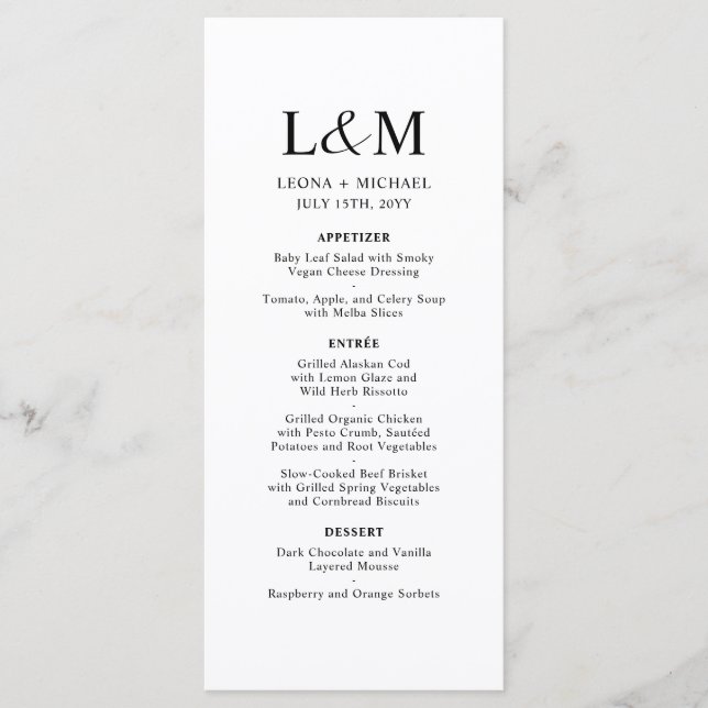 Elegant Minimalist Monogram White Wedding Menu (Front)