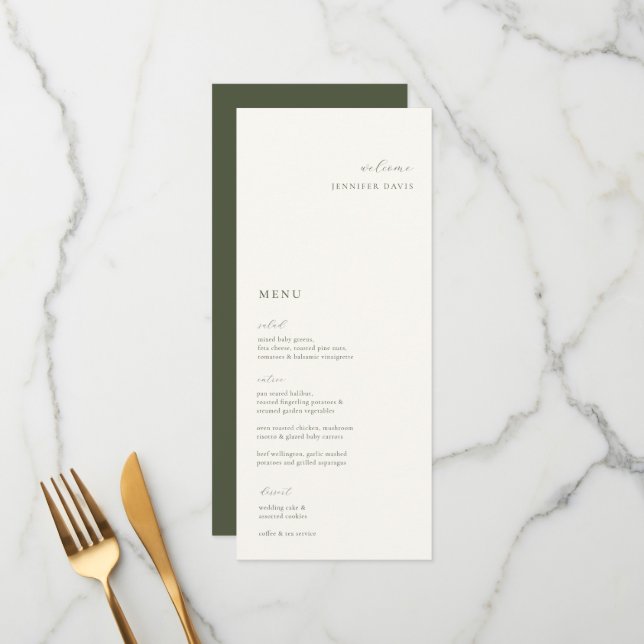 Elegant Minimalist Moss Green Place Card Menu (Front/Back In Situ)