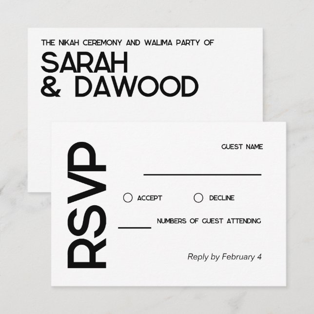 Elegant Minimalist Muslim White Black Wedding RSVP (Front/Back)
