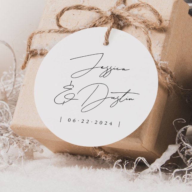 Elegant Minimalist Names Date Black Script Wedding Favour Tags (Creator Uploaded)