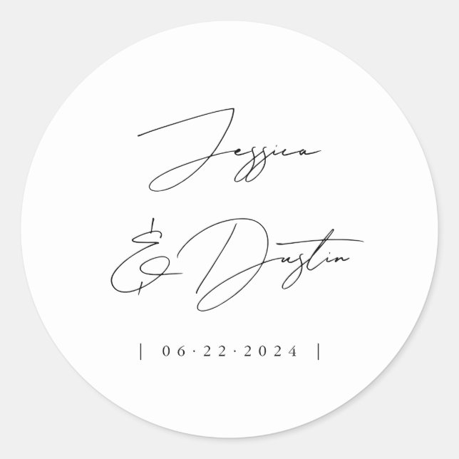 Elegant Minimalist Names Date Script Black Classic Round Sticker (Front)