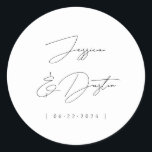 Elegant Minimalist Names Date Script Black Classic Round Sticker<br><div class="desc">Personalised and simply stylish stickers with names and date in elegant fonts.</div>
