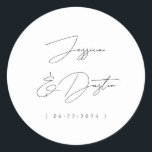 Elegant Minimalist Names Date Script Black Classic Round Sticker<br><div class="desc">Personalised and simply stylish stickers with names and date in elegant fonts.</div>