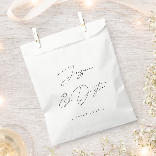 Elegant Minimalist Names Date Script Black Wedding Favour Bag (Clipped)