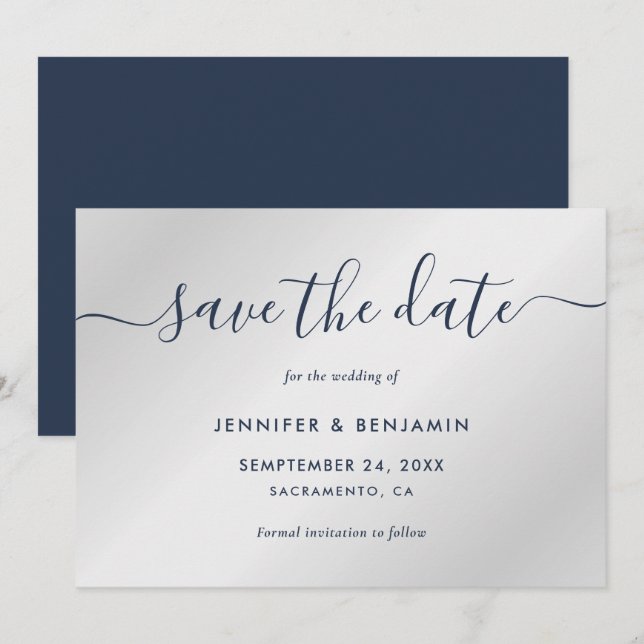 Elegant Minimalist Navy Blue and Silver Wedding Save The Date (Front/Back)