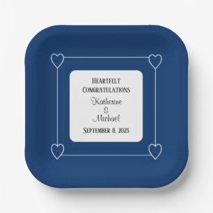 Elegant Minimalist Navy Blue and White Wedding Paper Plate