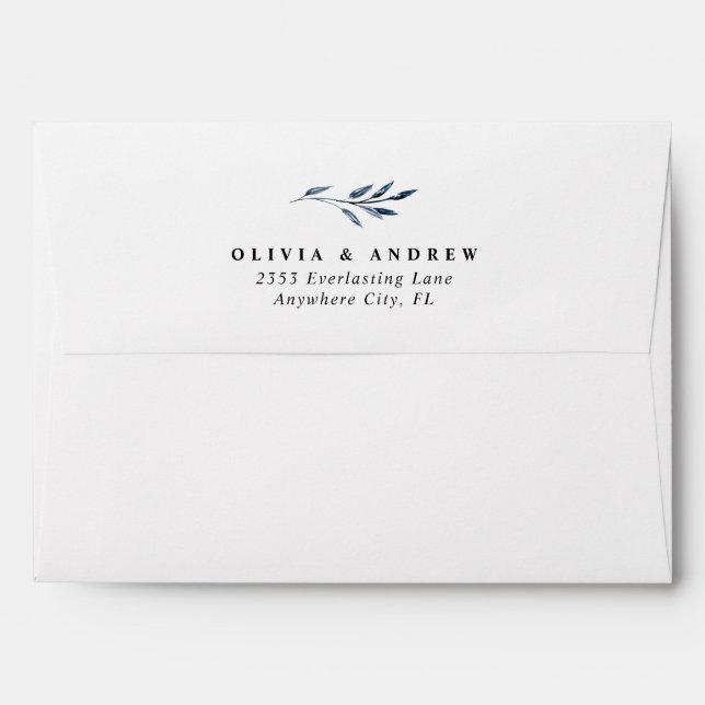 Elegant Minimalist Navy Blue Botanicals Wedding Envelope (Back (Top Flap))