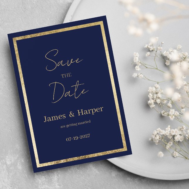 Elegant minimalist navy blue gold Save the Date Invitation (Elegant minimalist navy blue gold Save the Date)