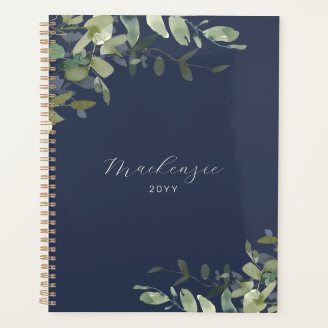 Elegant Minimalist Navy Blue Greenery Planner (Front)