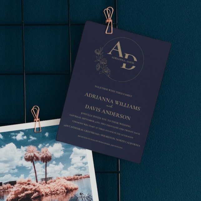 Elegant minimalist navy blue monogram wedding invitation (Creator Uploaded)