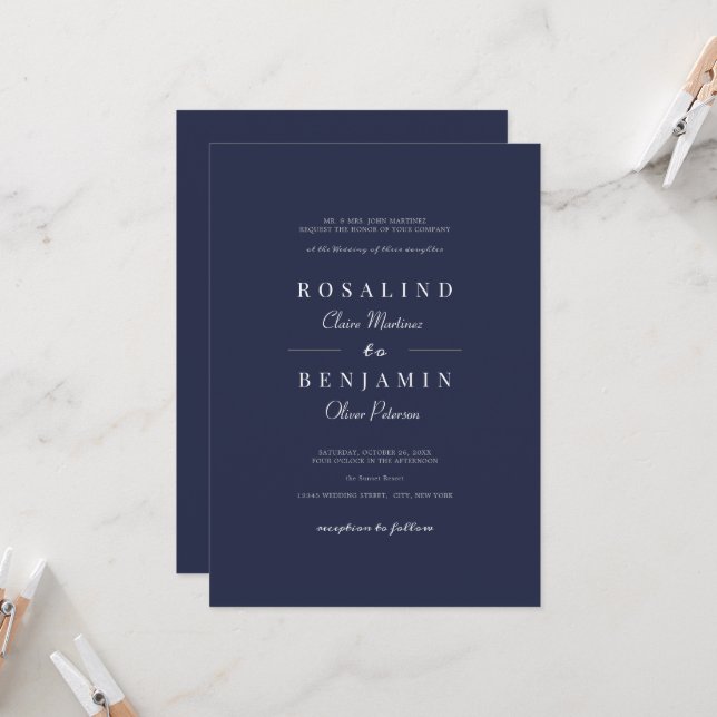 Elegant Minimalist Navy Blue Typography Wedding Invitation (Front/Back In Situ)