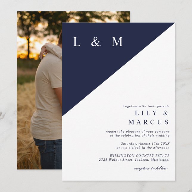 Elegant Minimalist Navy Blue White Wedding Photo Invitation (Front/Back)