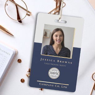 Elegant Minimalist Navy Gold Photo Logo QR code ID Badge