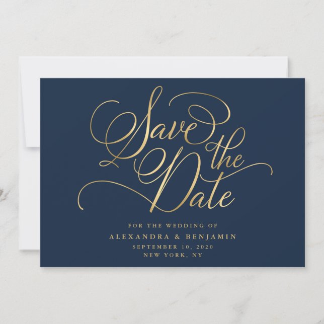Elegant Minimalist Navy & Gold Wedding Save The Date (Front)