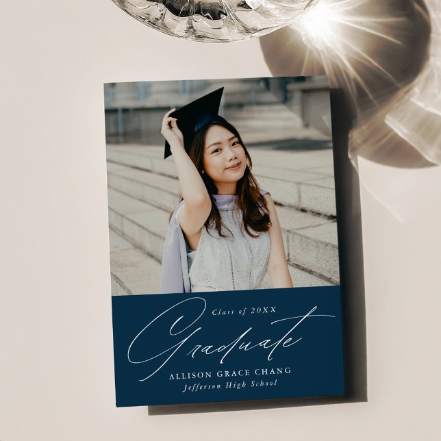 Elegant Minimalist Navy Photo Graduation Announcement (Creator Uploaded)
