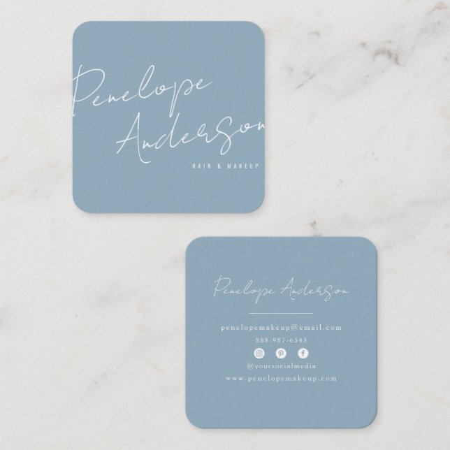 Elegant Minimalist Neutral Blue Boho Chic Modern Square Business Card (Front/Back)