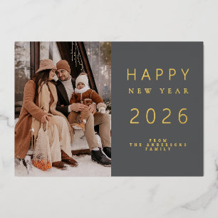 Elegant Minimalist New Year Cheers Family 1 Photo Foil Holiday Card