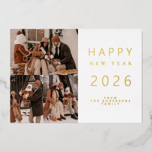 Elegant Minimalist New Year Cheers Family 3 Photo Foil Holiday Card