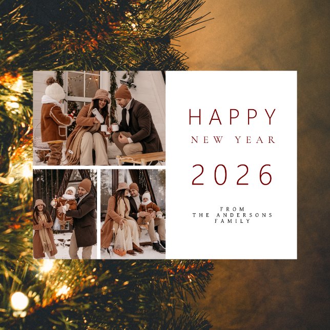 Elegant Minimalist New Year Cheers Family 3 Photo Holiday Card (Creator Uploaded)