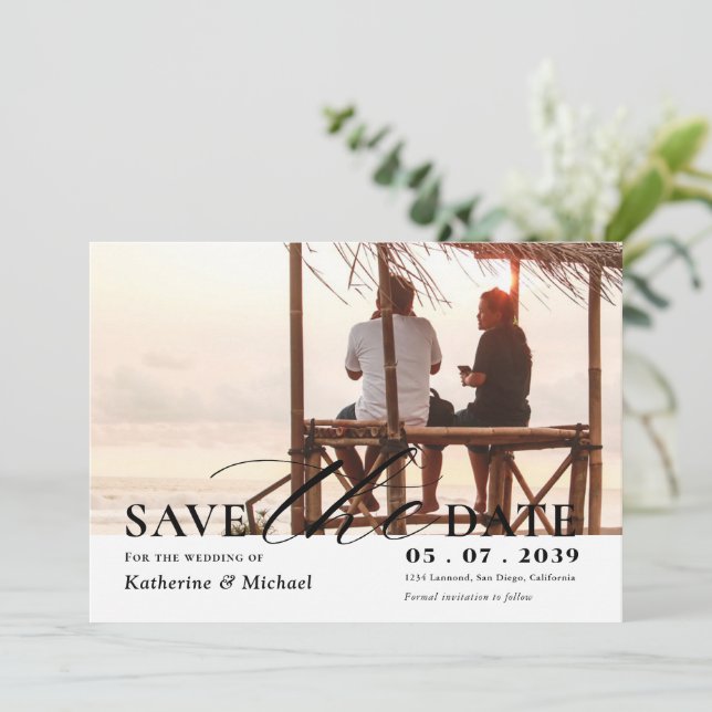 Elegant Minimalist One Photo QR code Wedding Save The Date (Standing Front)