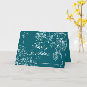 Elegant Minimalist Peonies Happy Birthday Teal Card