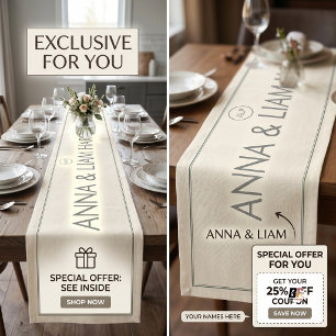 Elegant Minimalist Personalised Couple Wedding Medium Table Runner