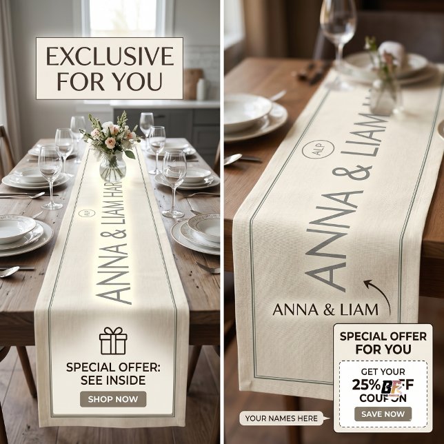 Elegant Minimalist Personalised Couple Wedding Medium Table Runner (#celebrationparty)