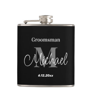 elegant minimalist personalised groomsman black hip flask