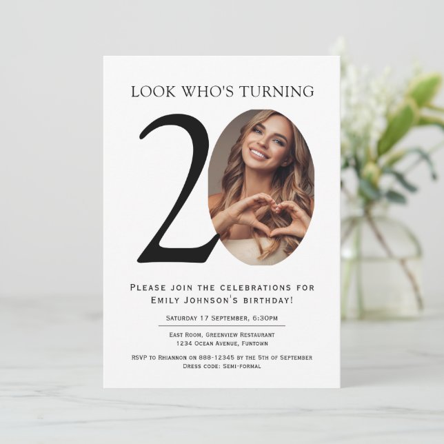 Elegant Minimalist Photo 20th Birthday Invitation (Standing Front)