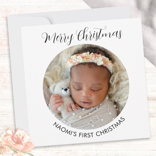 Elegant Minimalist Photo Baby's First Christmas Holiday Card (A card for baby's first Christmas, to personalize with a photo, name and year number)