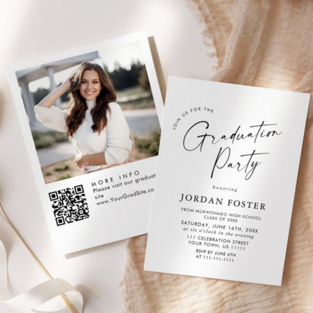 Elegant Minimalist PHOTO Graduation Party QR code Invitation (Creator Uploaded)