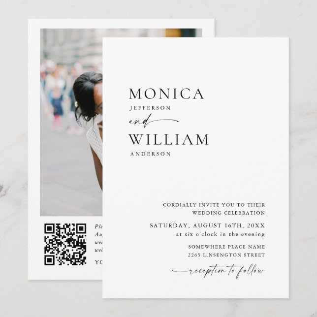 Elegant Minimalist Photo QR code Wedding Invitation (Front/Back)