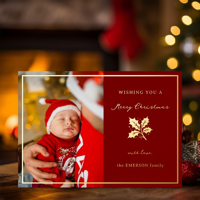 Elegant Minimalist Photo Red/Gold  Foil Holiday Card (Creator Uploaded)