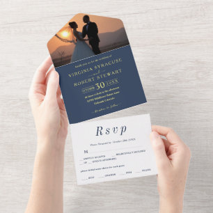Elegant Minimalist Photo Royal Blue Navy Wedding All In One Invitation